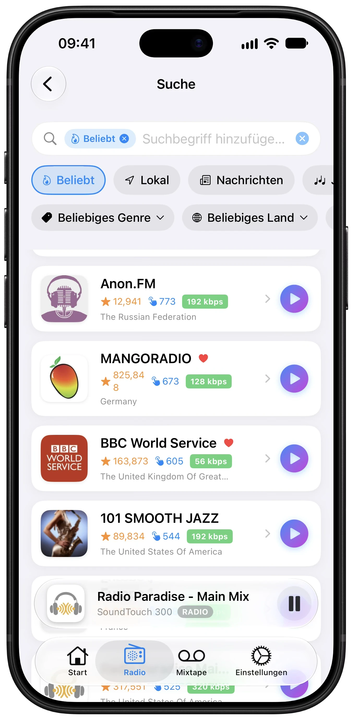 Radio Browser Ansicht in Better ST